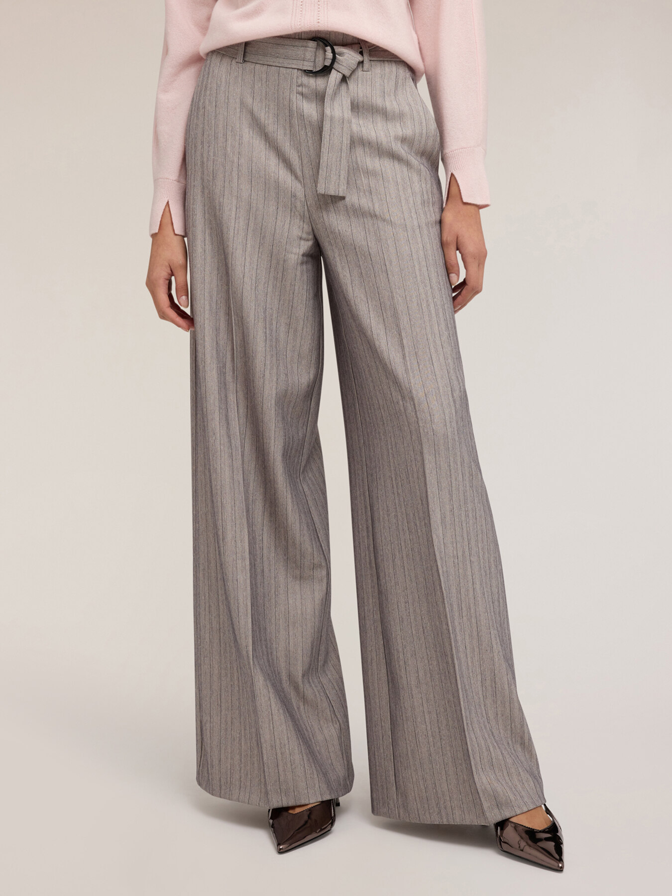 Pinstriped palazzo pants with belt image number 2