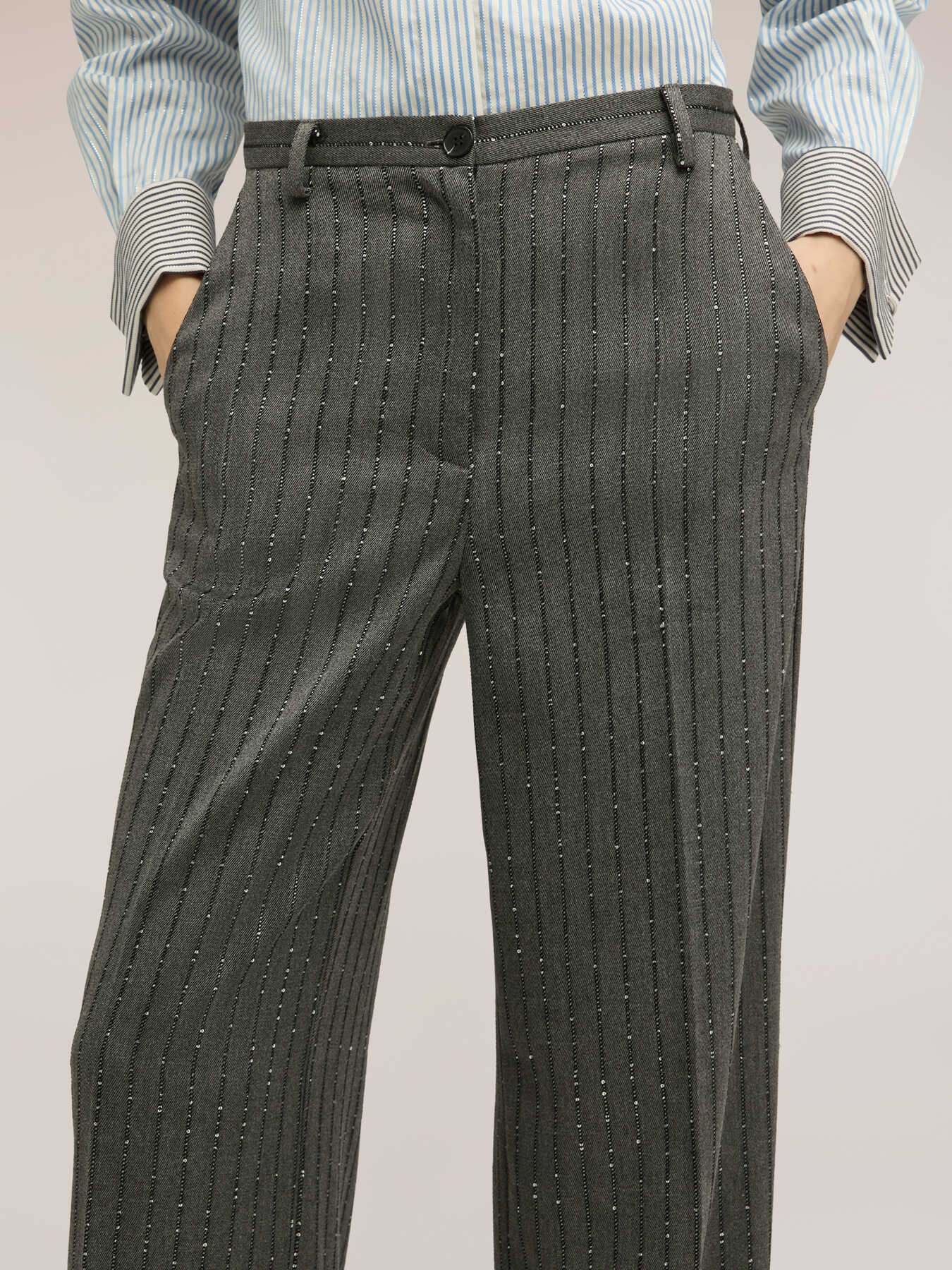 Pinstripe palazzo pants with micro sequins image number 3
