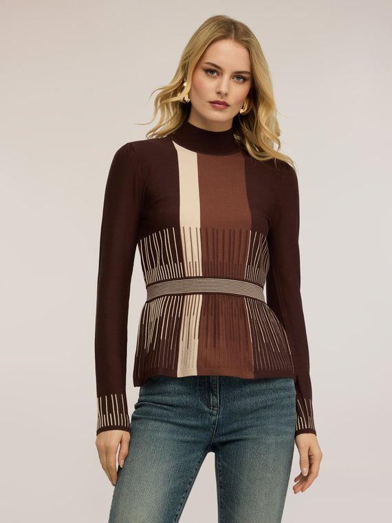 Striped turtleneck sweater with peplum cut