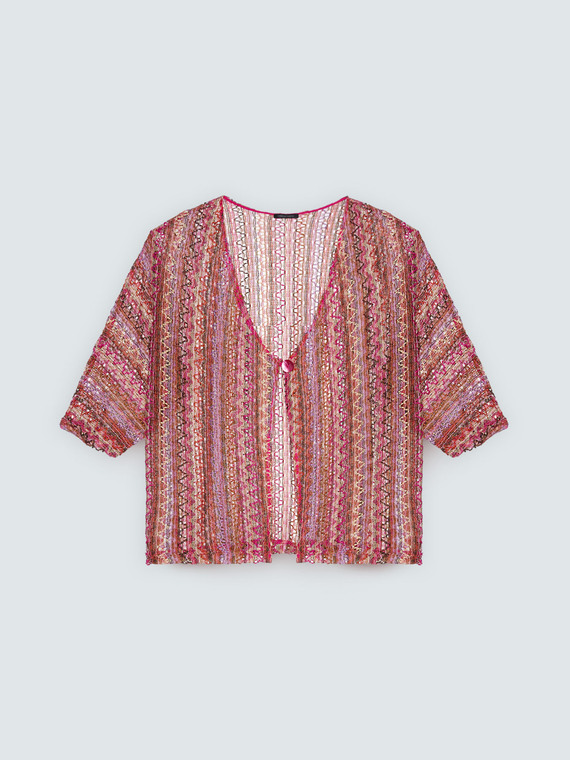 Short striped crochet-effect kimono