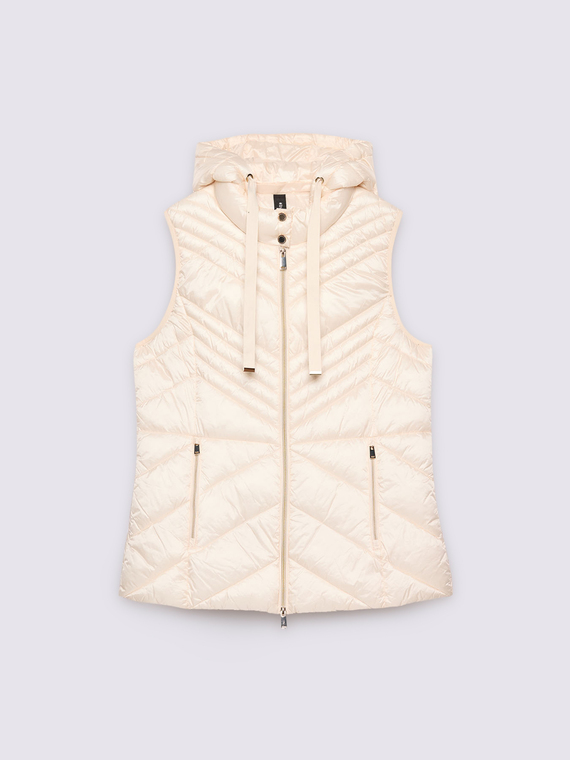 Sleeveless down jacket with hood and Sorona® Aura padding