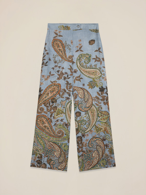 Pantaloni palazzo din satin cu imprimeu