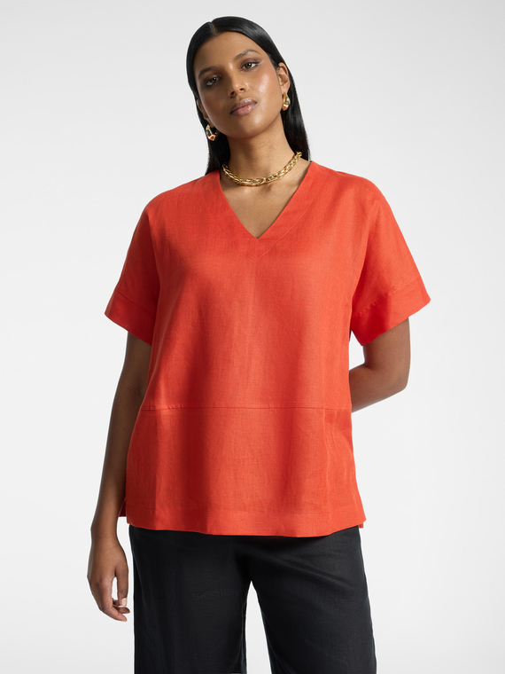 T-Shirt aus Leinen und Baumwolle mit V-Ausschnitt