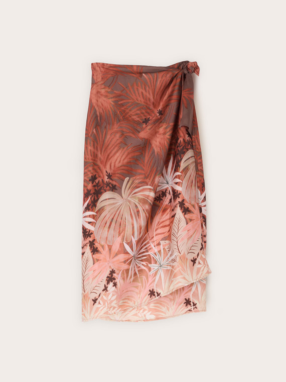 Pareo-effect satin skirt with print
