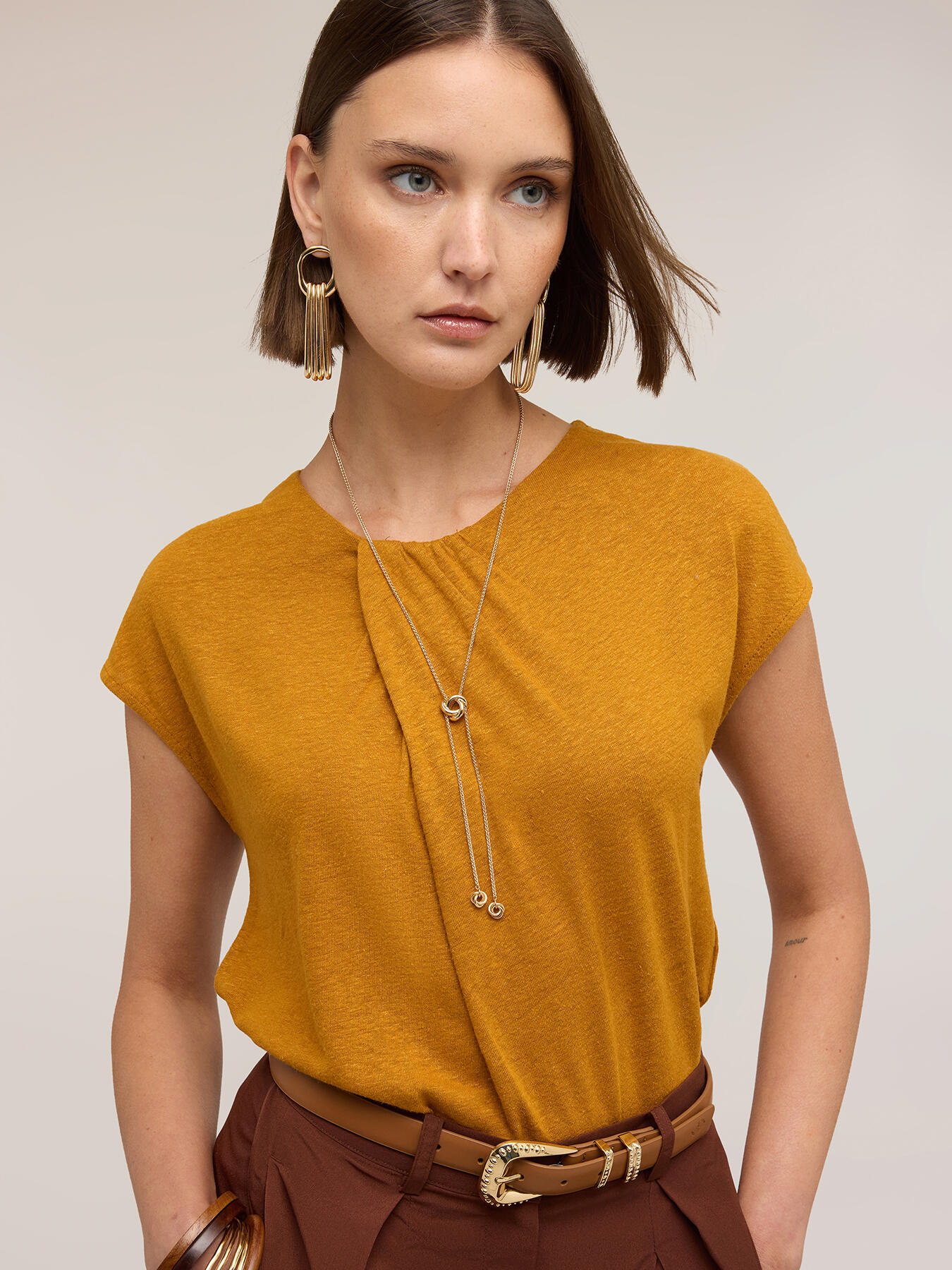 Tricou din amestec de in cu drapaj image number 2