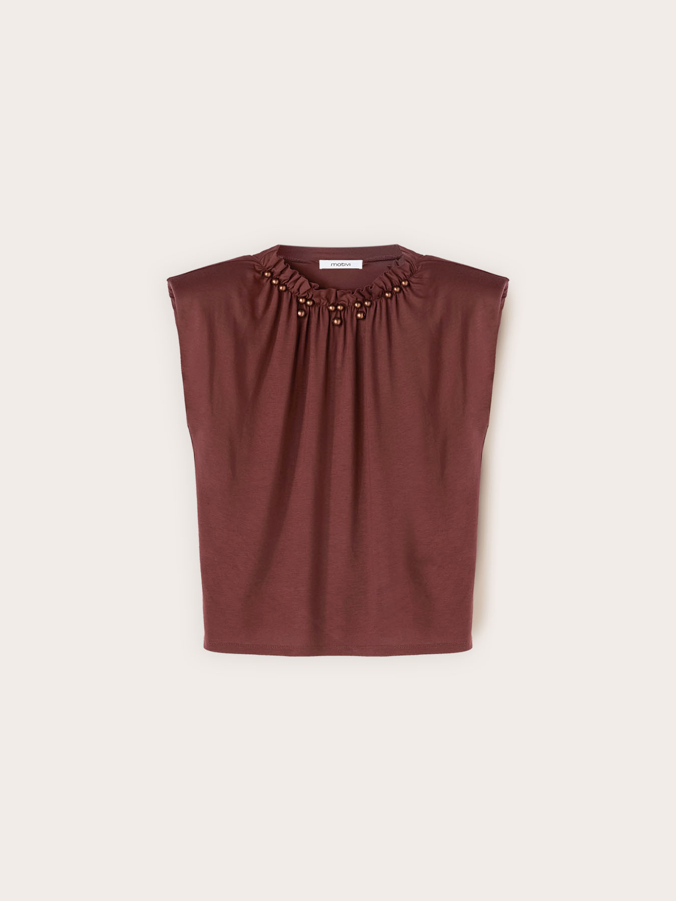 T-shirt with gathering and appliqu&eacute;s on the neckline image number 4