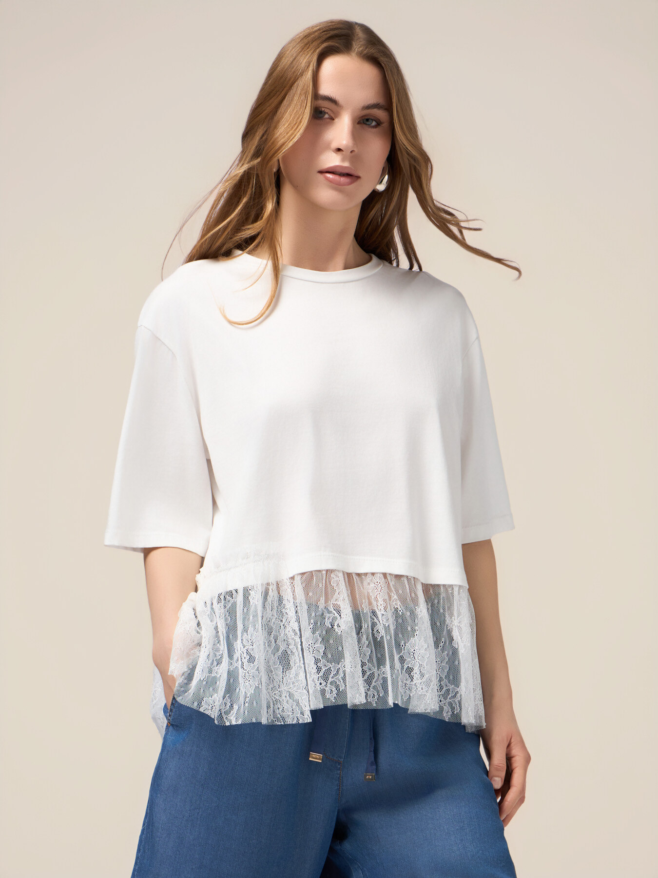 Two-material T-shirt in cotton blend jersey image number 0