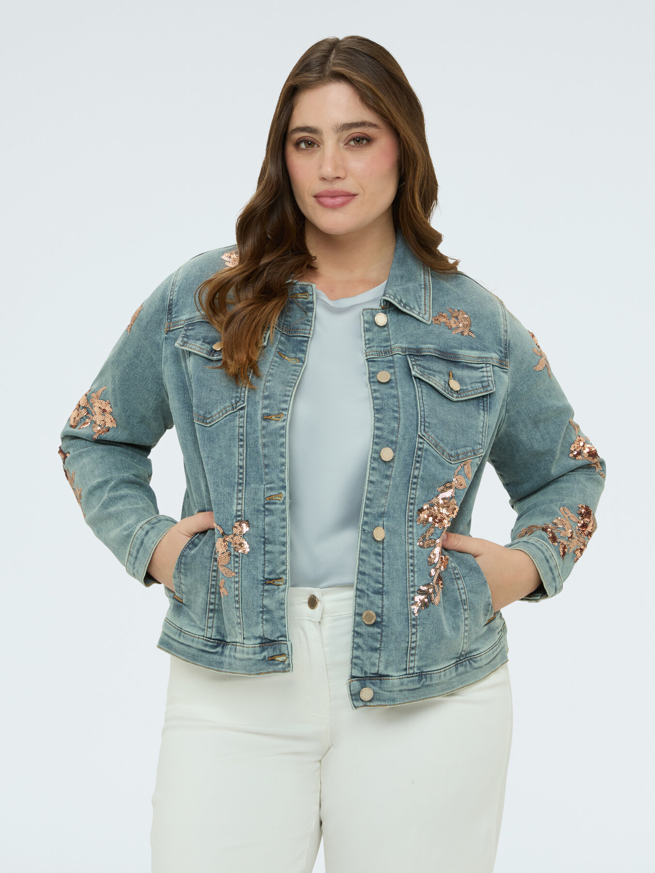 Denim jacket with floral sequin embroidery image number 0