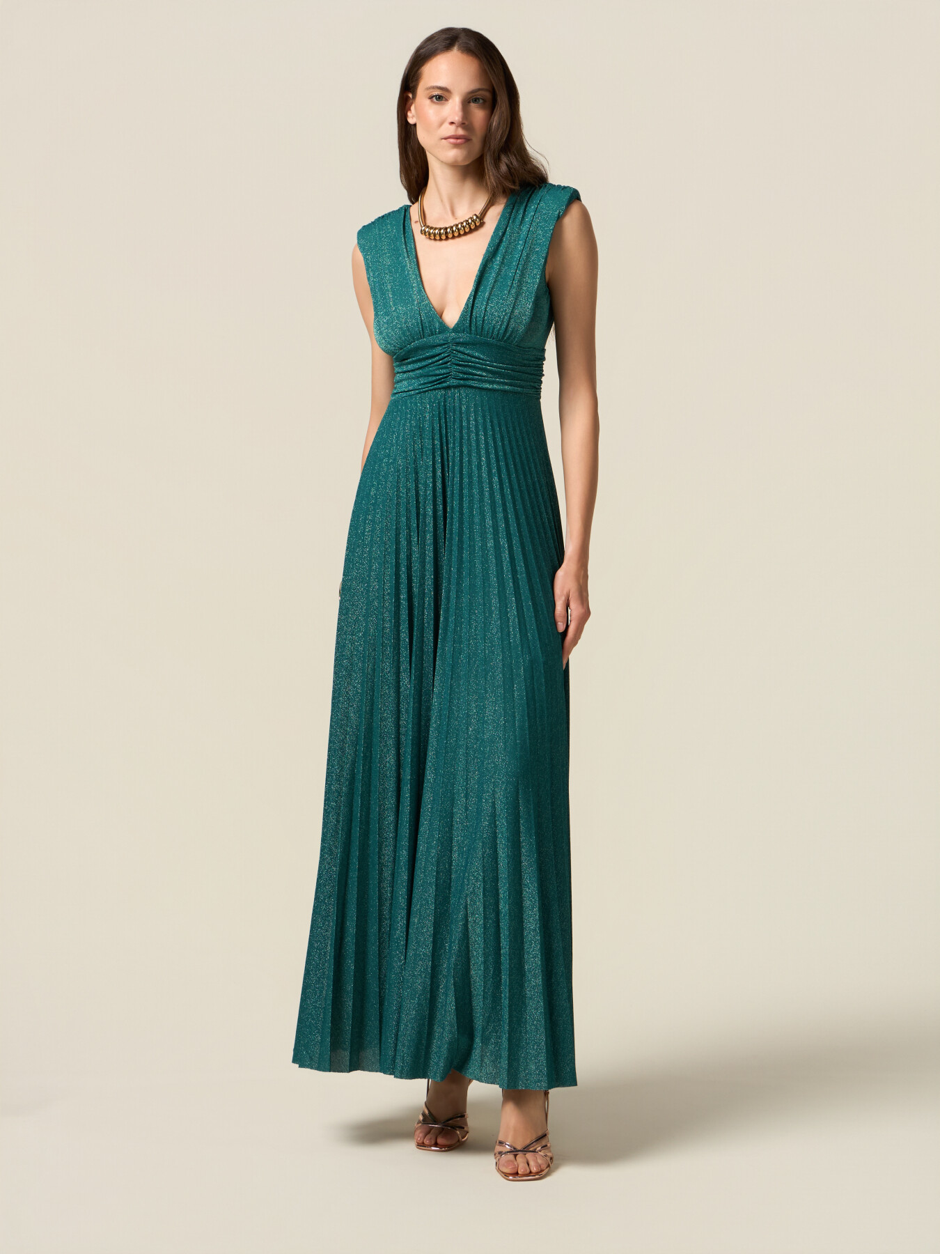 Long pleated dress in lurex jersey image number 0