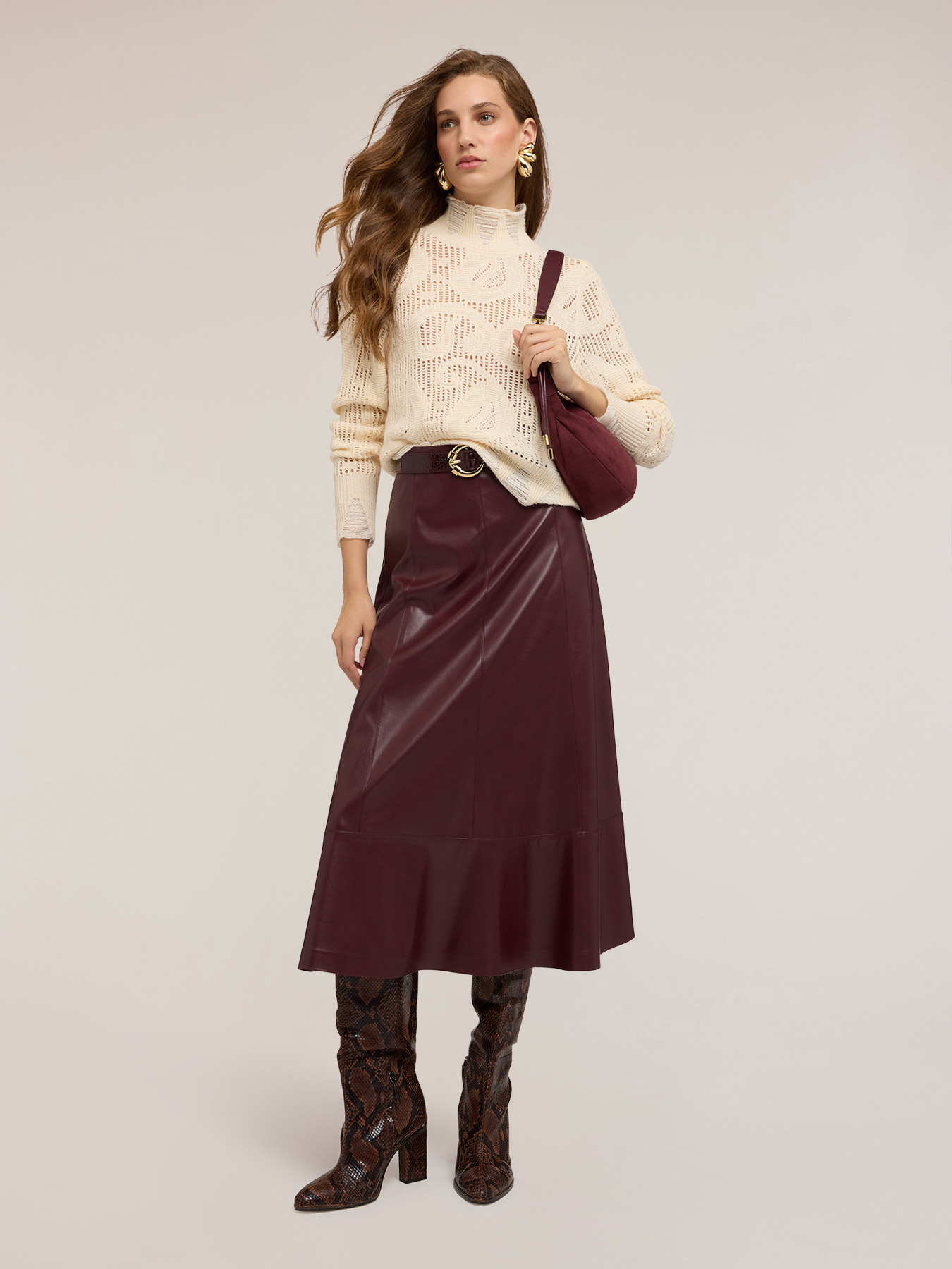 Flared midi skirt in coated fabric image number 0