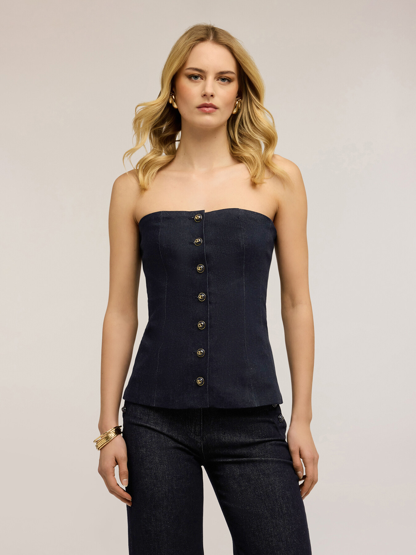 Denim bustier top with buttons image number 0