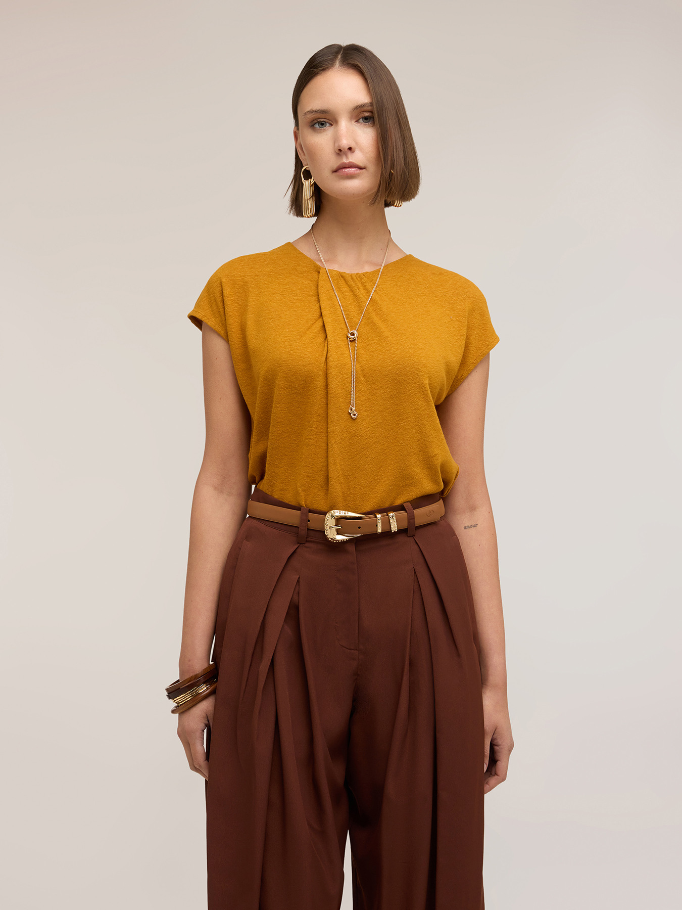 Tricou din amestec de in cu drapaj image number 3