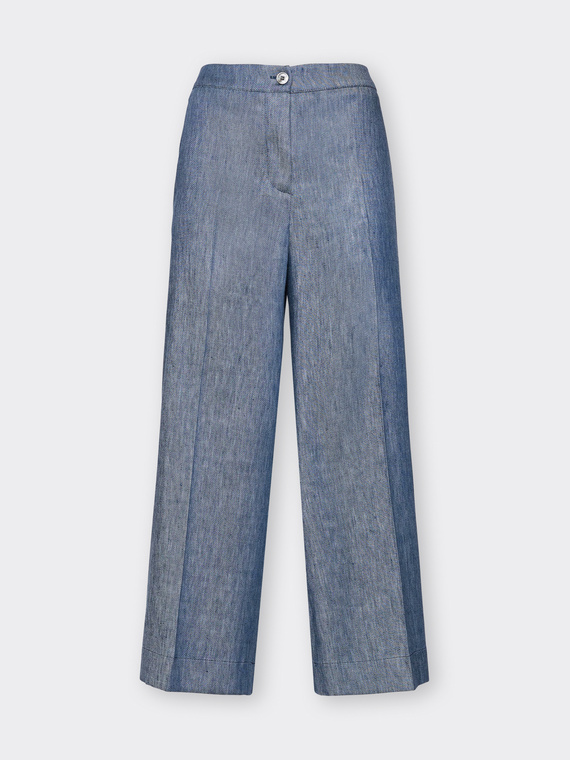 Pantaloni cropped in lino effetto denim