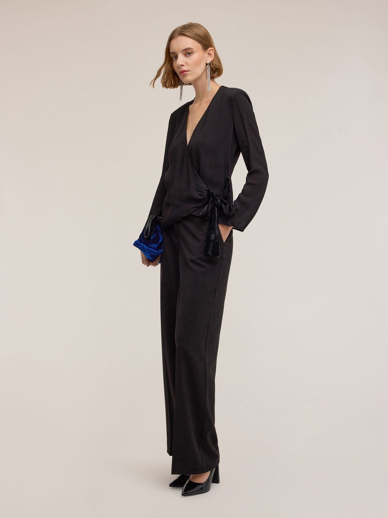 Wrap blouse with velvet bow image number 1