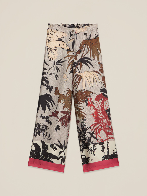 Pantaloni palazzo din satin cu imprimeu