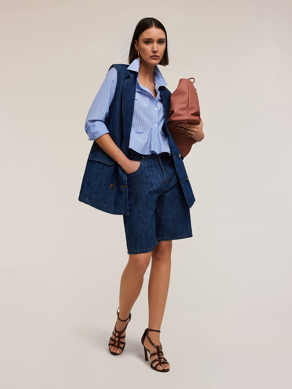 Doppelreihige Oversize-Weste aus Denim-Leinen-Mischgewebe