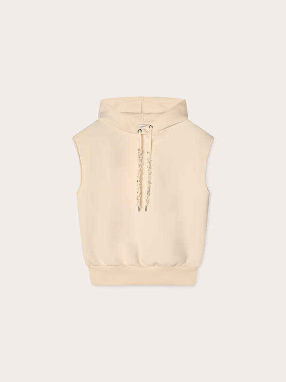 Sleeveless hoodie with jewel drawstring