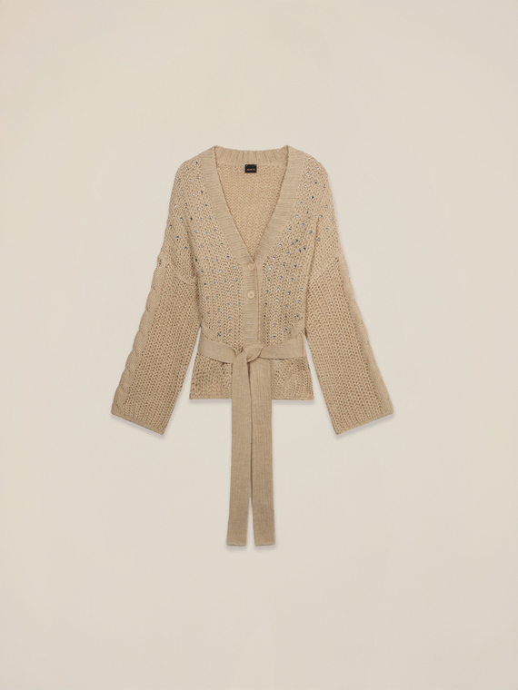 Cardigan misto lana traforato con cristalli e cintura