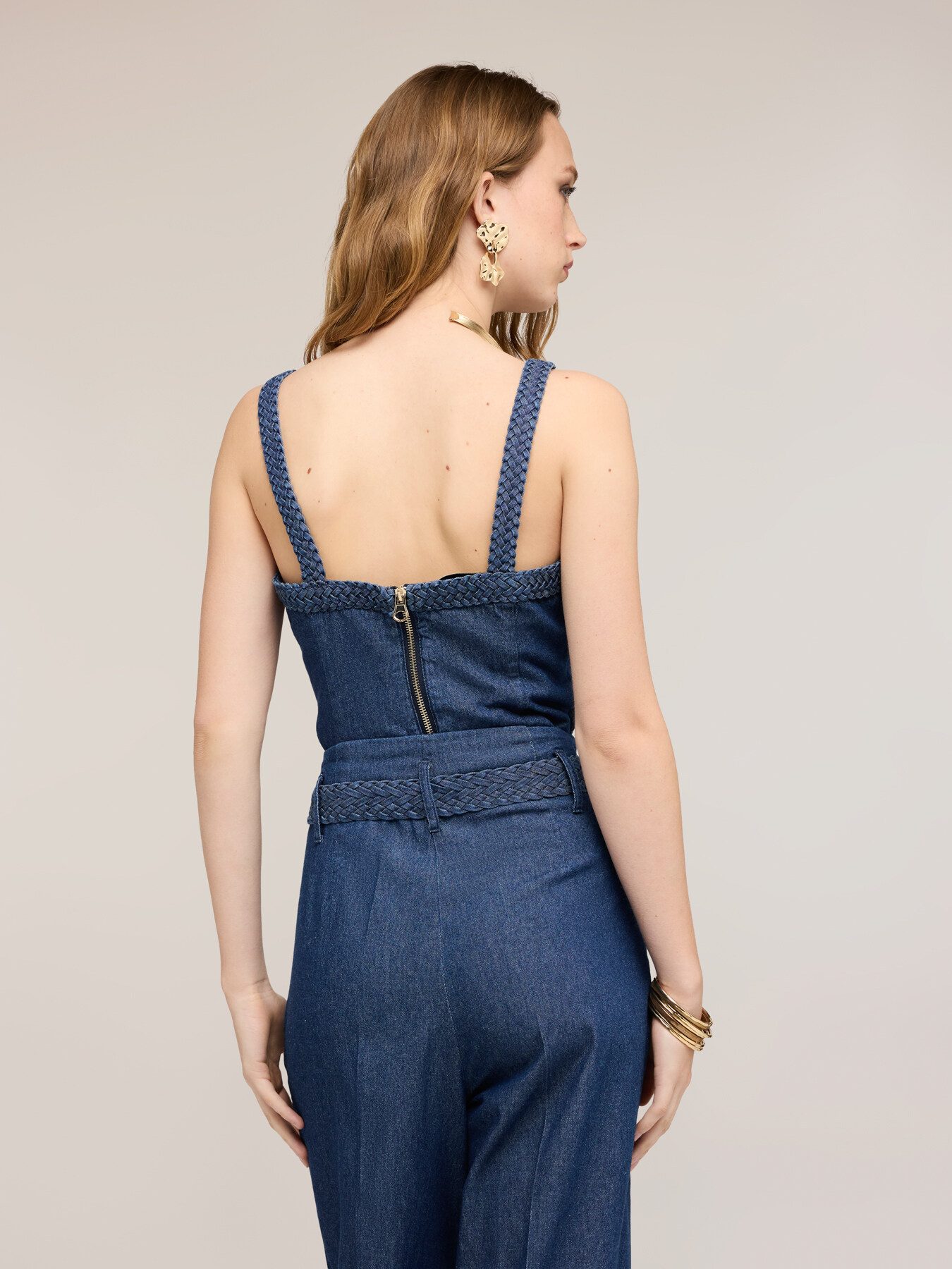 Top en denim avec bretelles tress&eacute;es image number 1