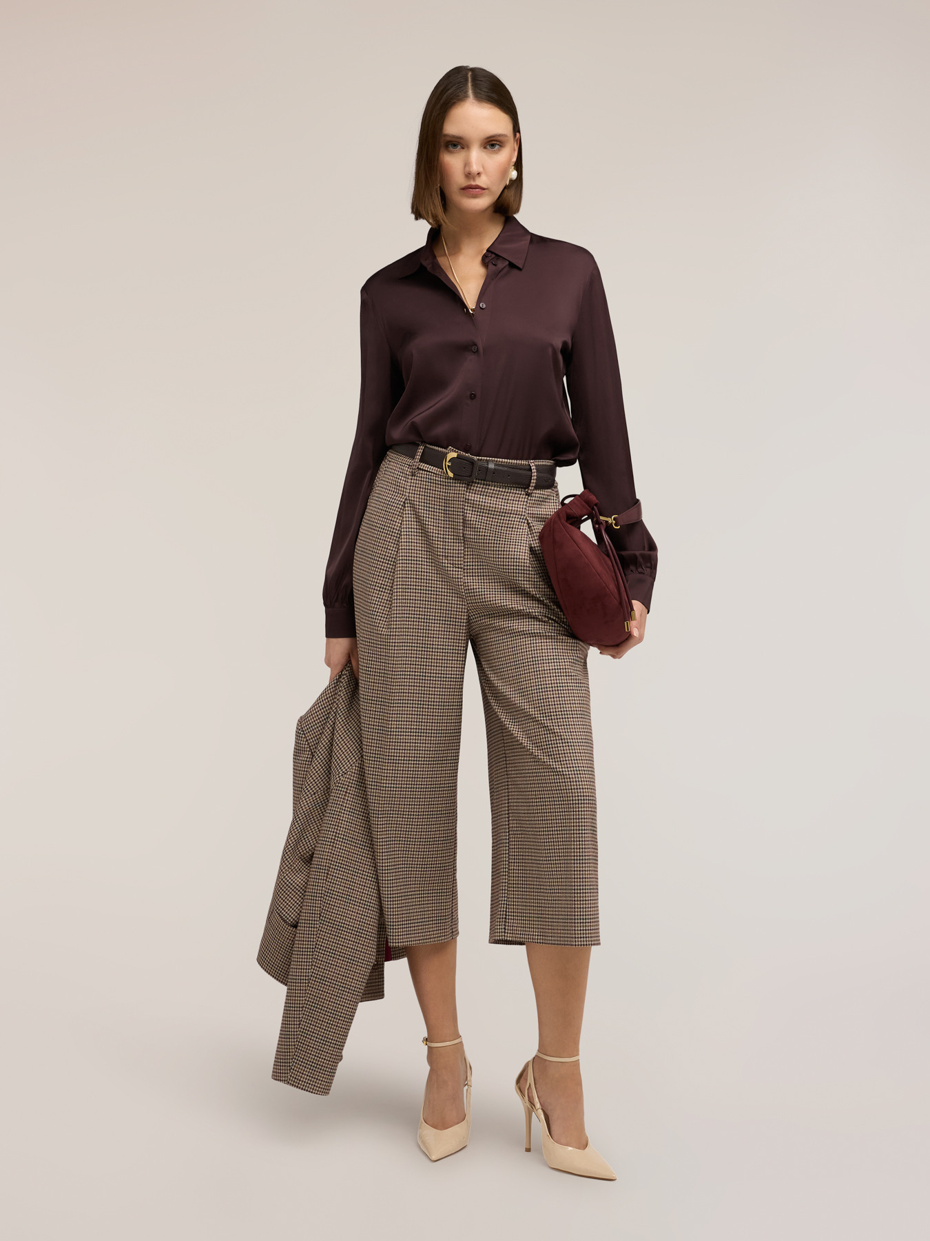 Pantaloni cropped in tinto filo fantasia check image number 2