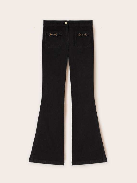 Flare jeans with metal toggles