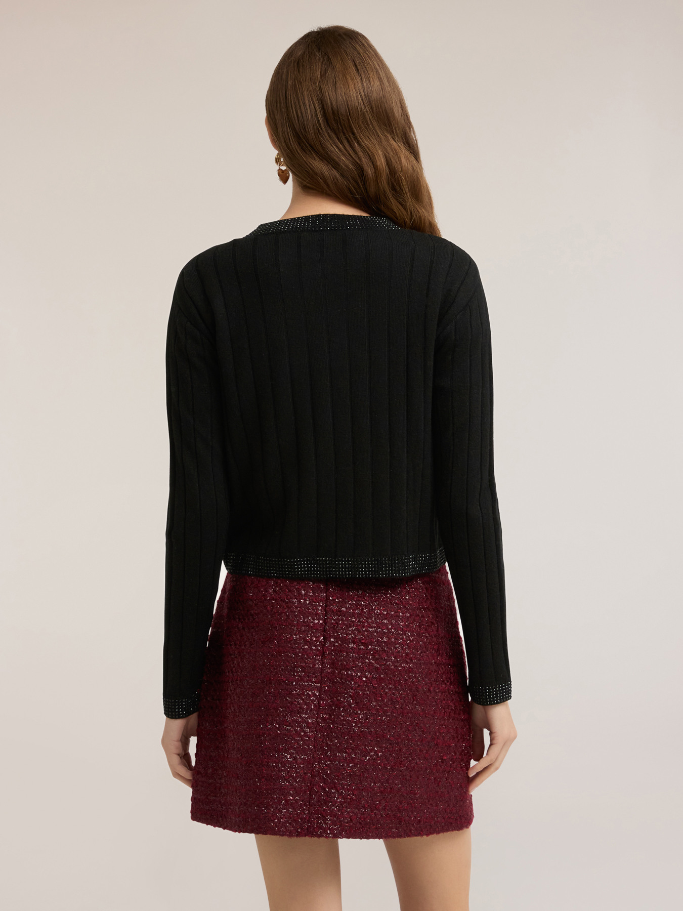 Cropped knit cardigan with rhinestones image number 1