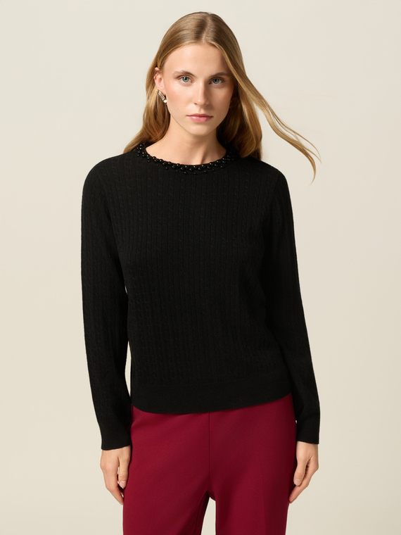 Crewneck sweater in cashmere blend with appliqués