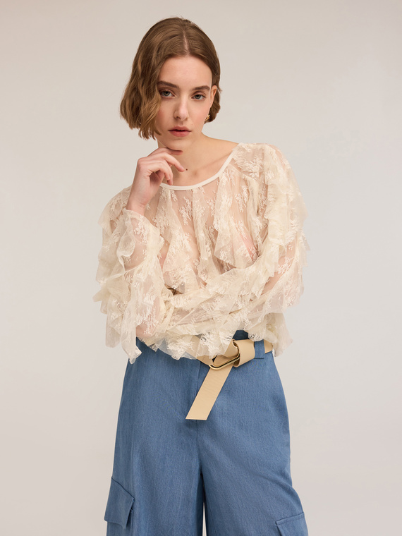 Long-sleeved lace blouse with ruching