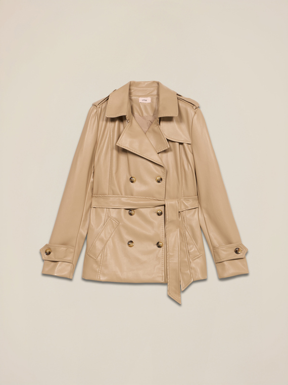 Short double-breasted trench coat in coated fabric