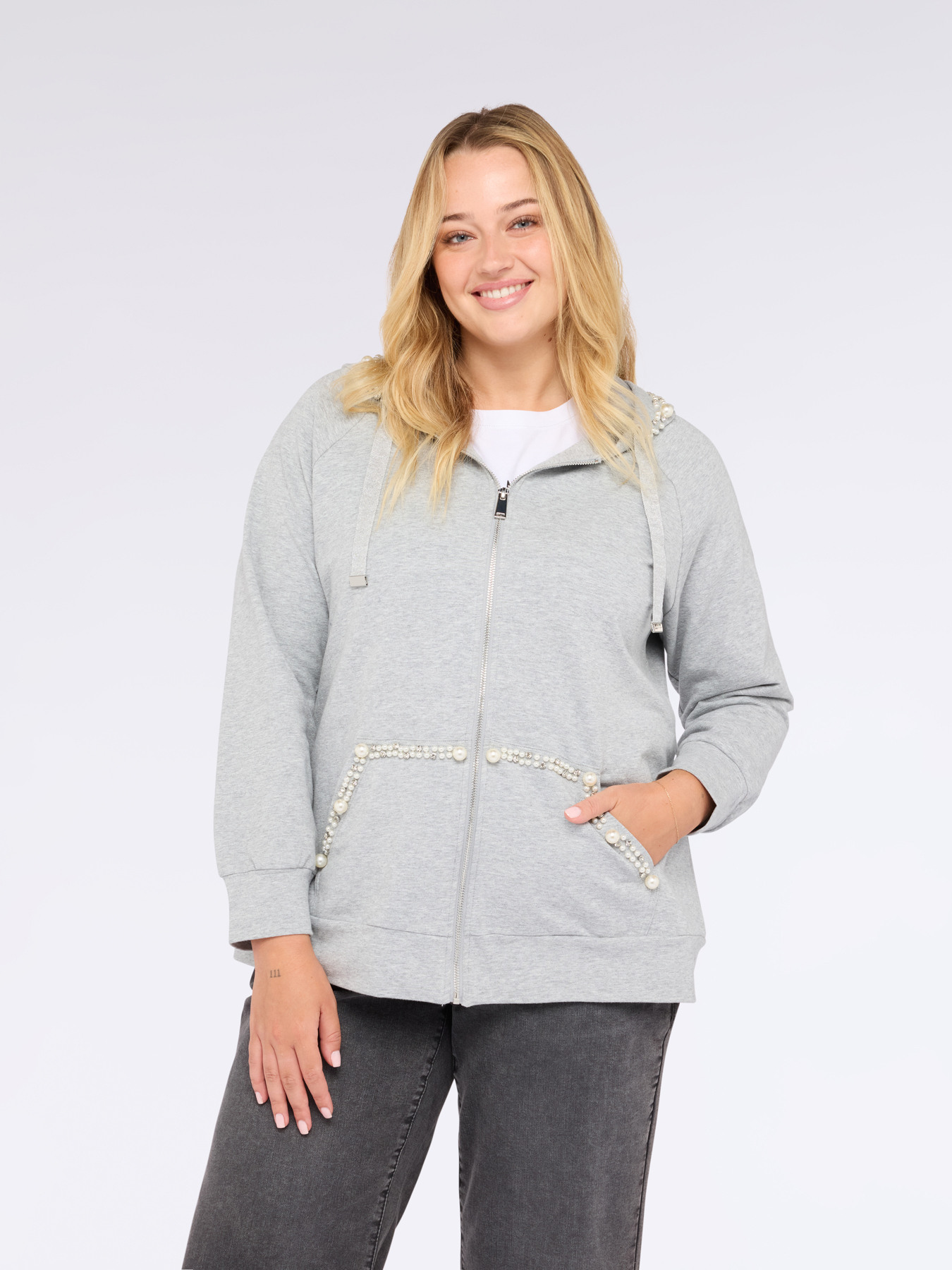 Open sweatshirt with pearls and rhinestones image number 2