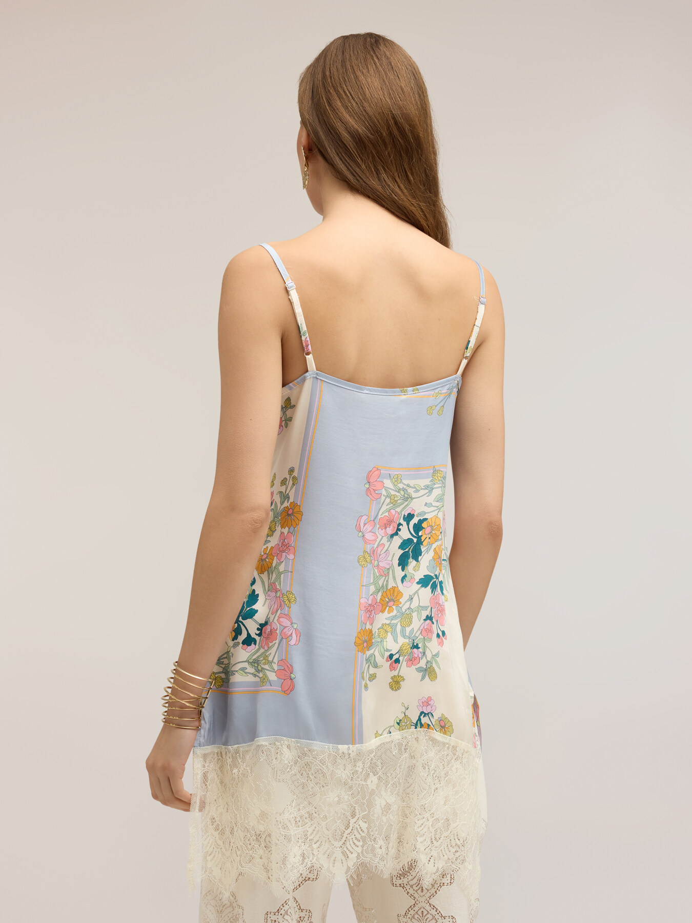 Long satin top with lace inserts image number 1