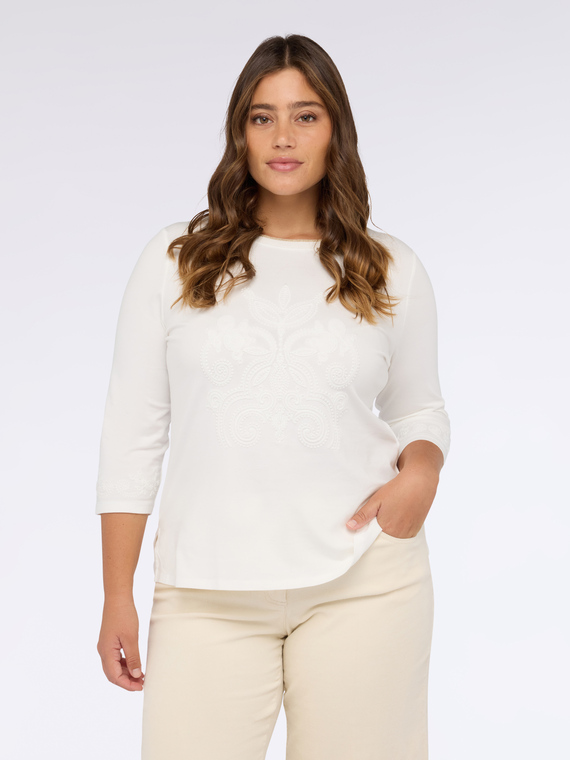 T-shirt in jersey con ricamo tono su tono maniche tre quarti