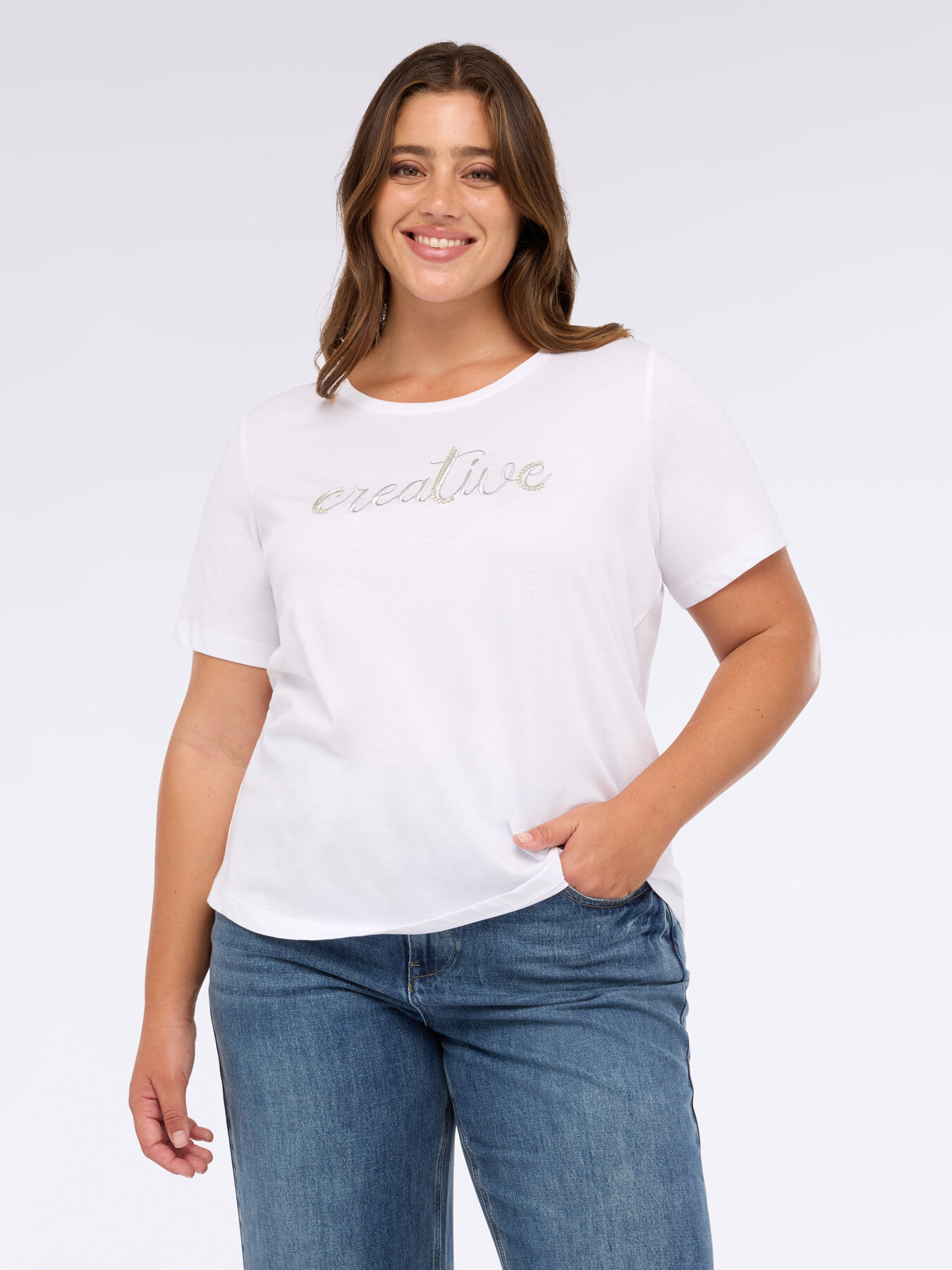 T-shirt in jersey con scritta ricamata image number 0