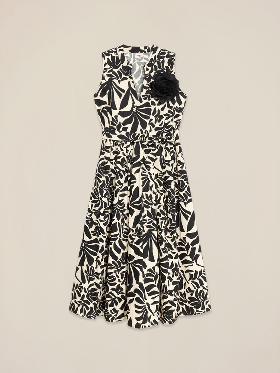 Flared midi dress in poplin with belt