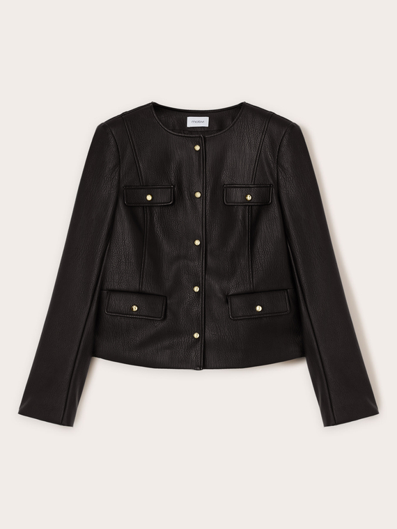 Collar-less jacket in coated fabric