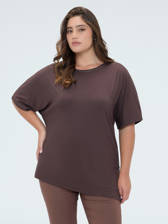 Viscose t-shirt with rhinestones on the neckline