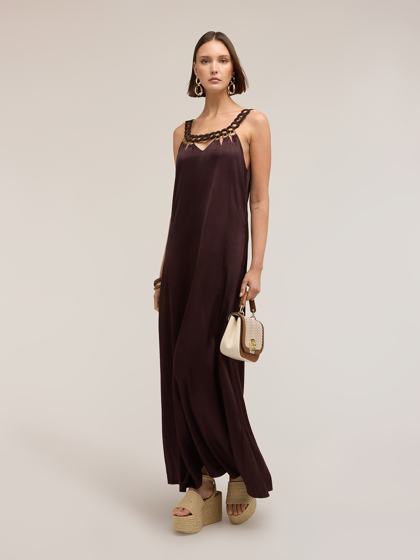 Rochie maxi din satin cu detaliu metalic image number 0