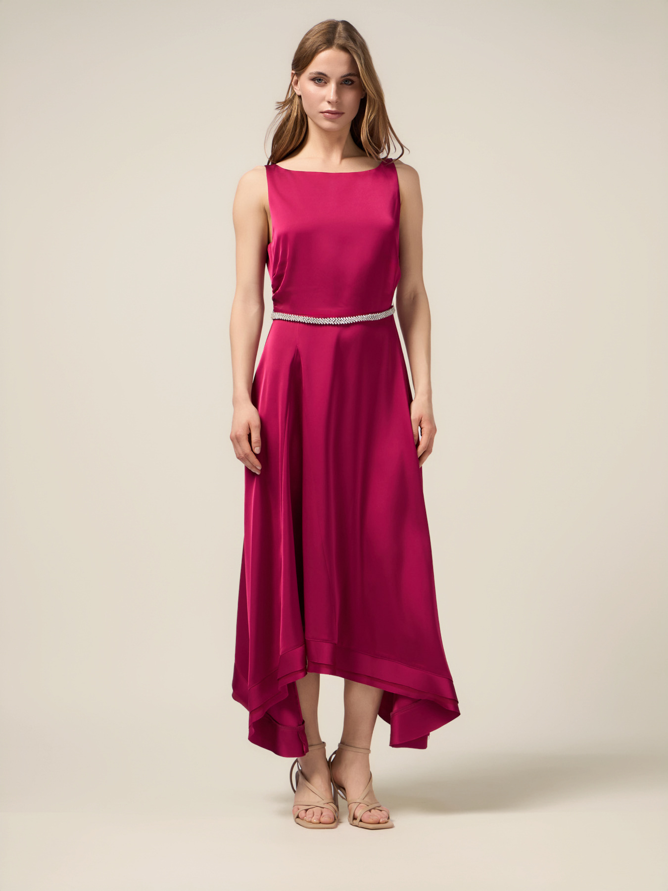 Long satin dress with jeweled belt image number 0