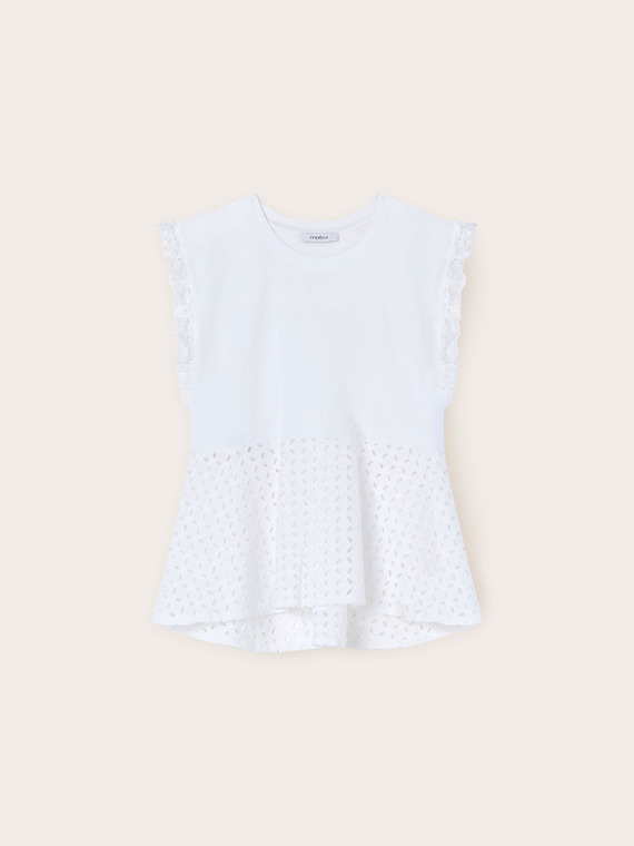 Sleeveless T-shirt with broderie anglaise insert