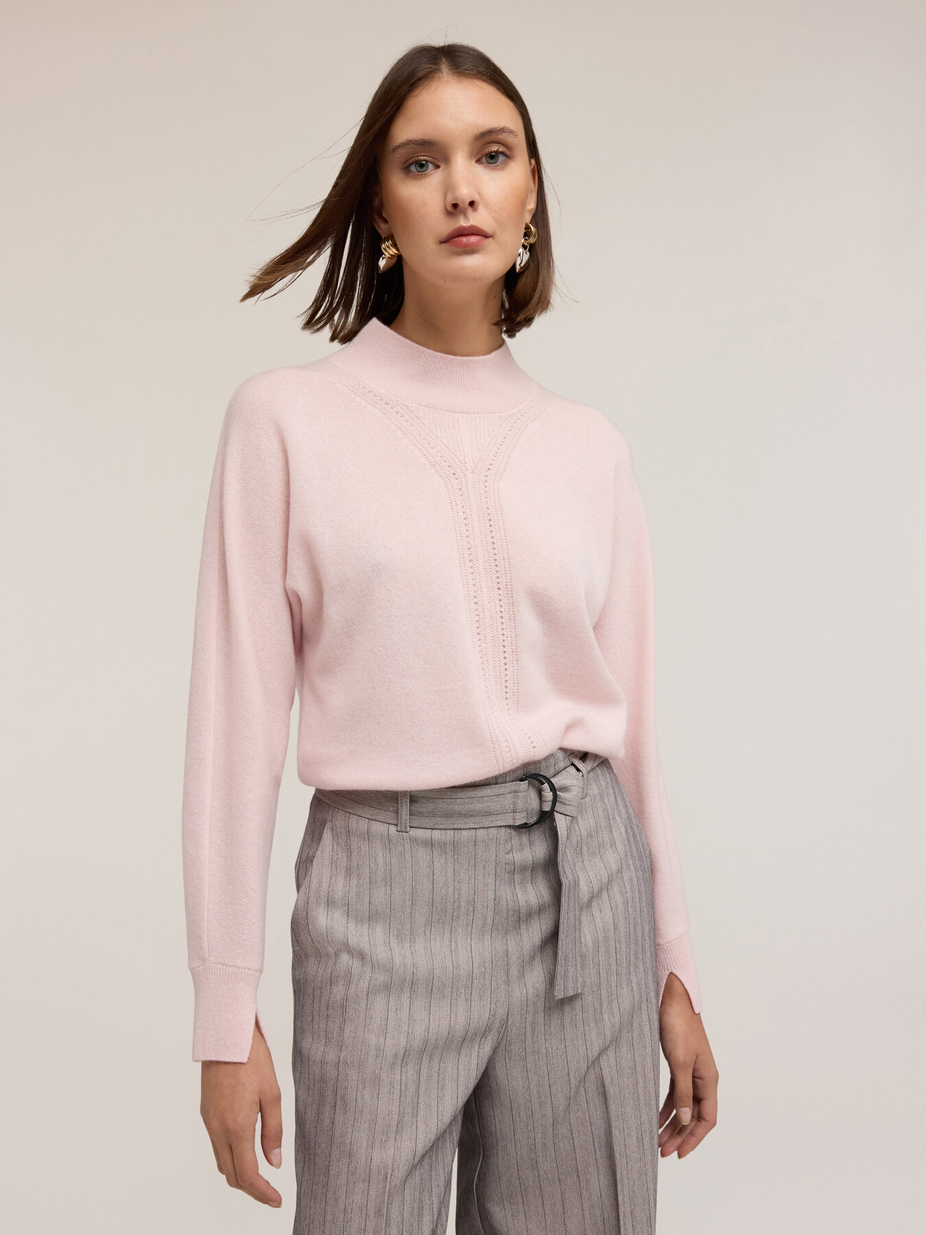 Crew neck cashmere sweater with openwork image number 2