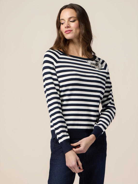 Striped sweater with jewel embroidery