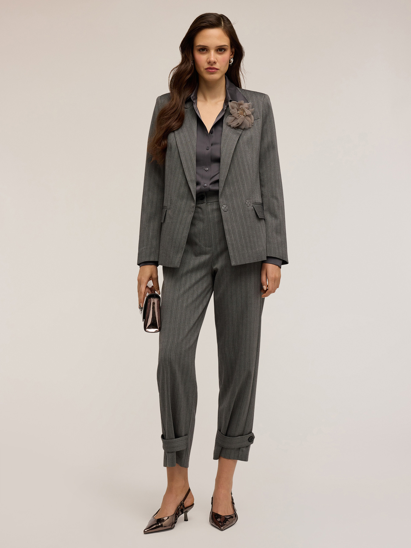Pinstriped lurex blazer with flower brooch image number 3