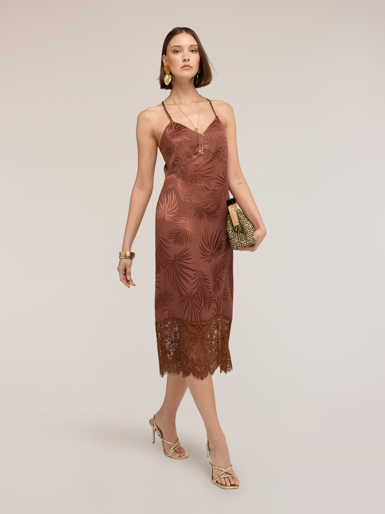 Jacquard satin sheath dress with lace image number 0