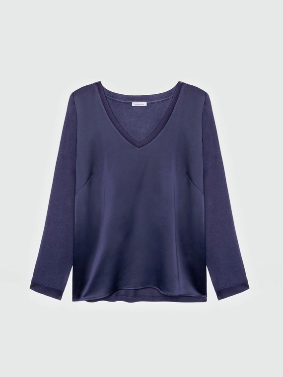 T-shirt avec col en V en deux tissus