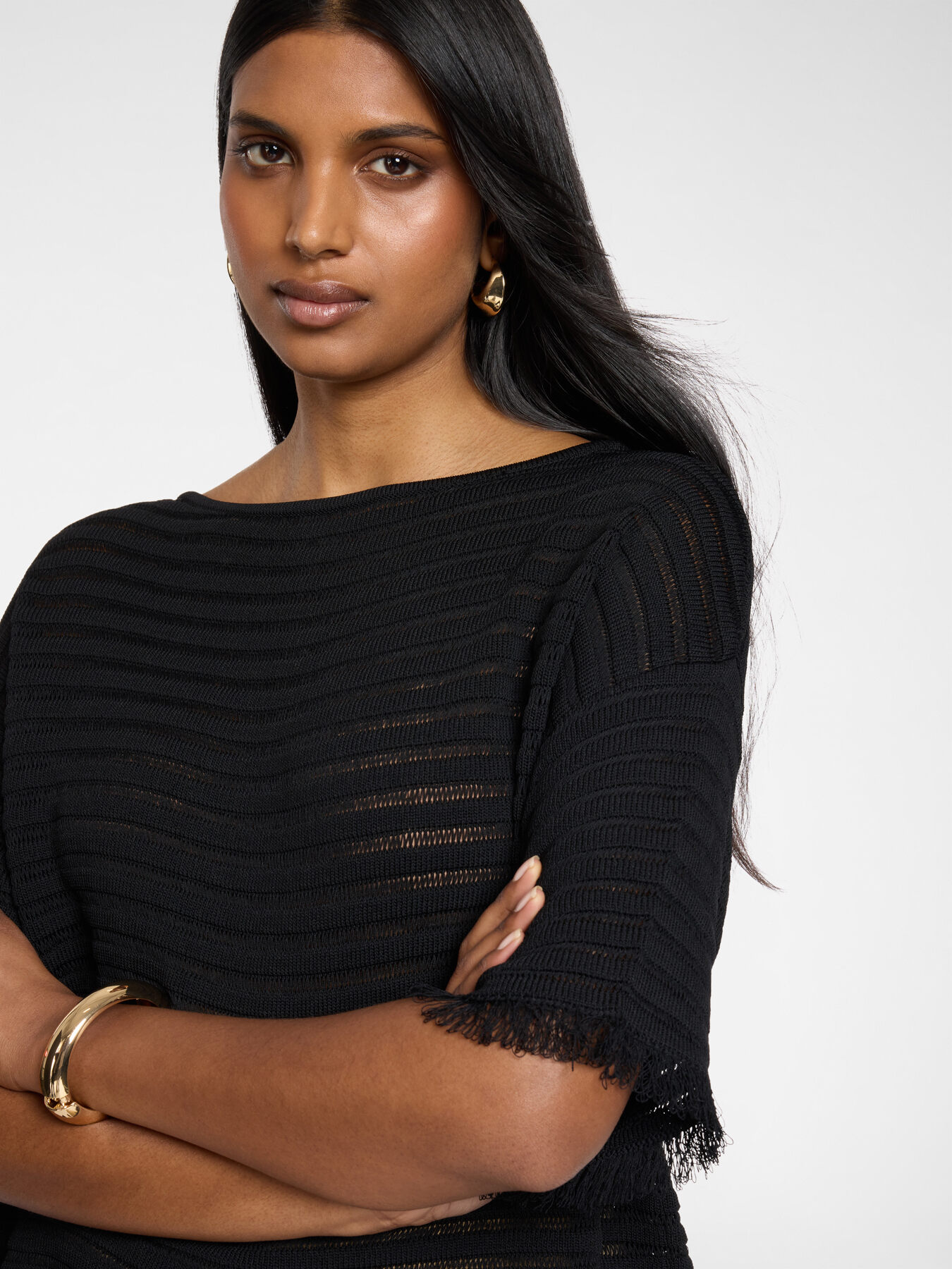 Striped perforated viscose blend top image number 3