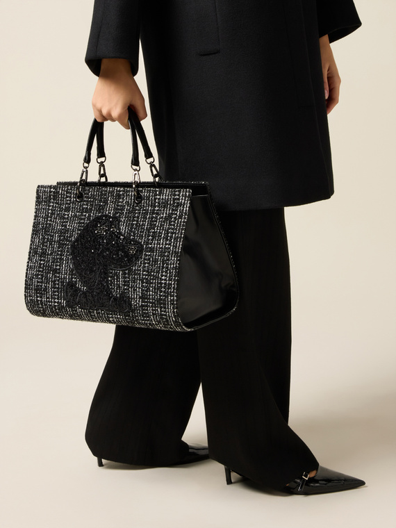Tweed shoulder bag with appliqué