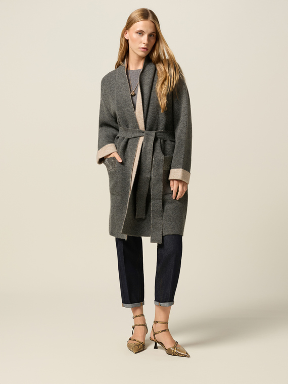 Double-breasted cardigan with belt and shiny details