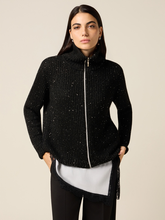 Cardigan con zip e micro paillettes