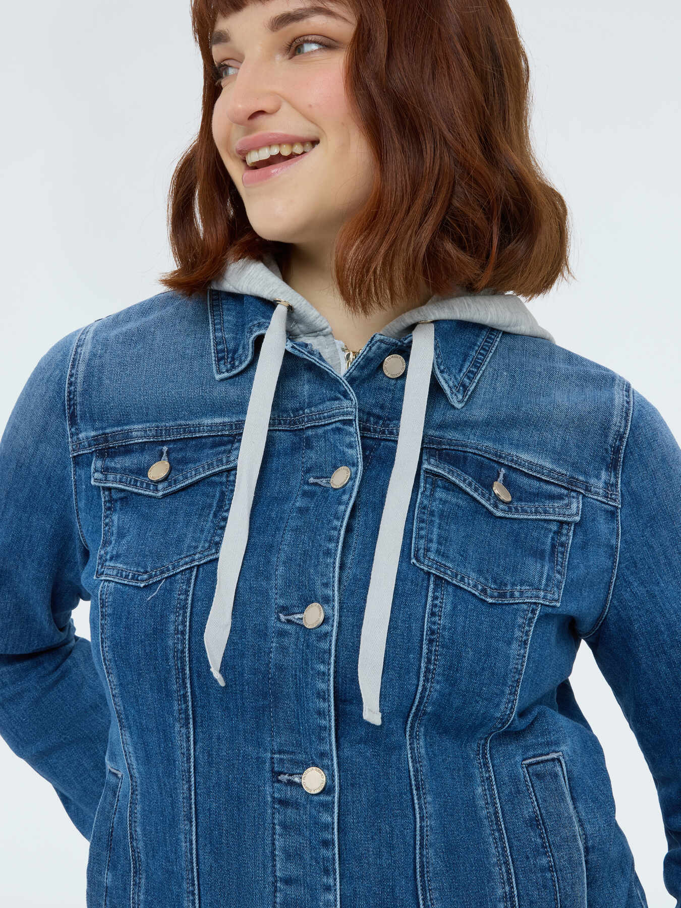 Denim jacket with detachable sweatshirt hood image number 3