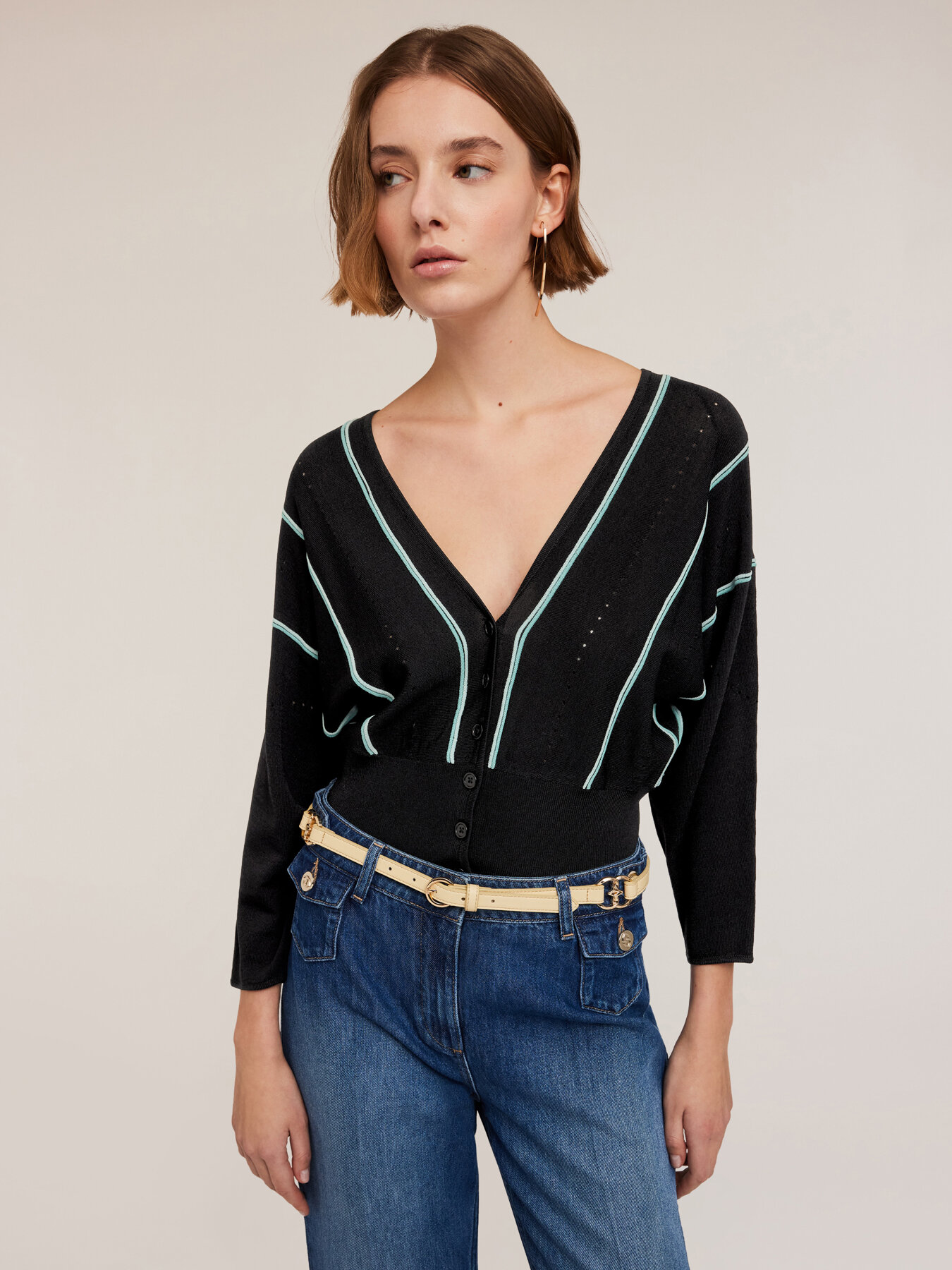 Cardigan corto in maglia a righe image number 0